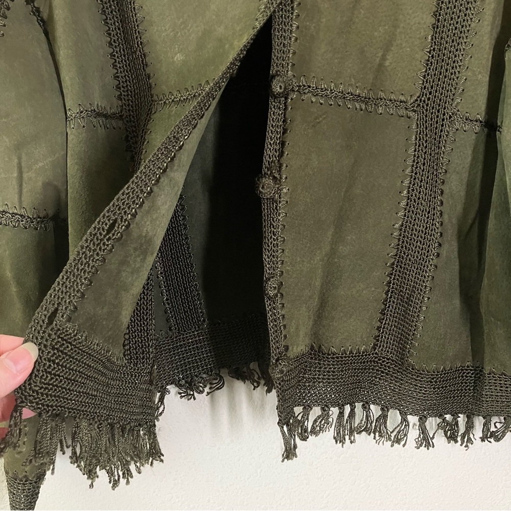 VINTAGE Suede Jacket & Skirt Set Crochet Western Cowgirl Boho Olive Green 2X - Picture 5 of 16